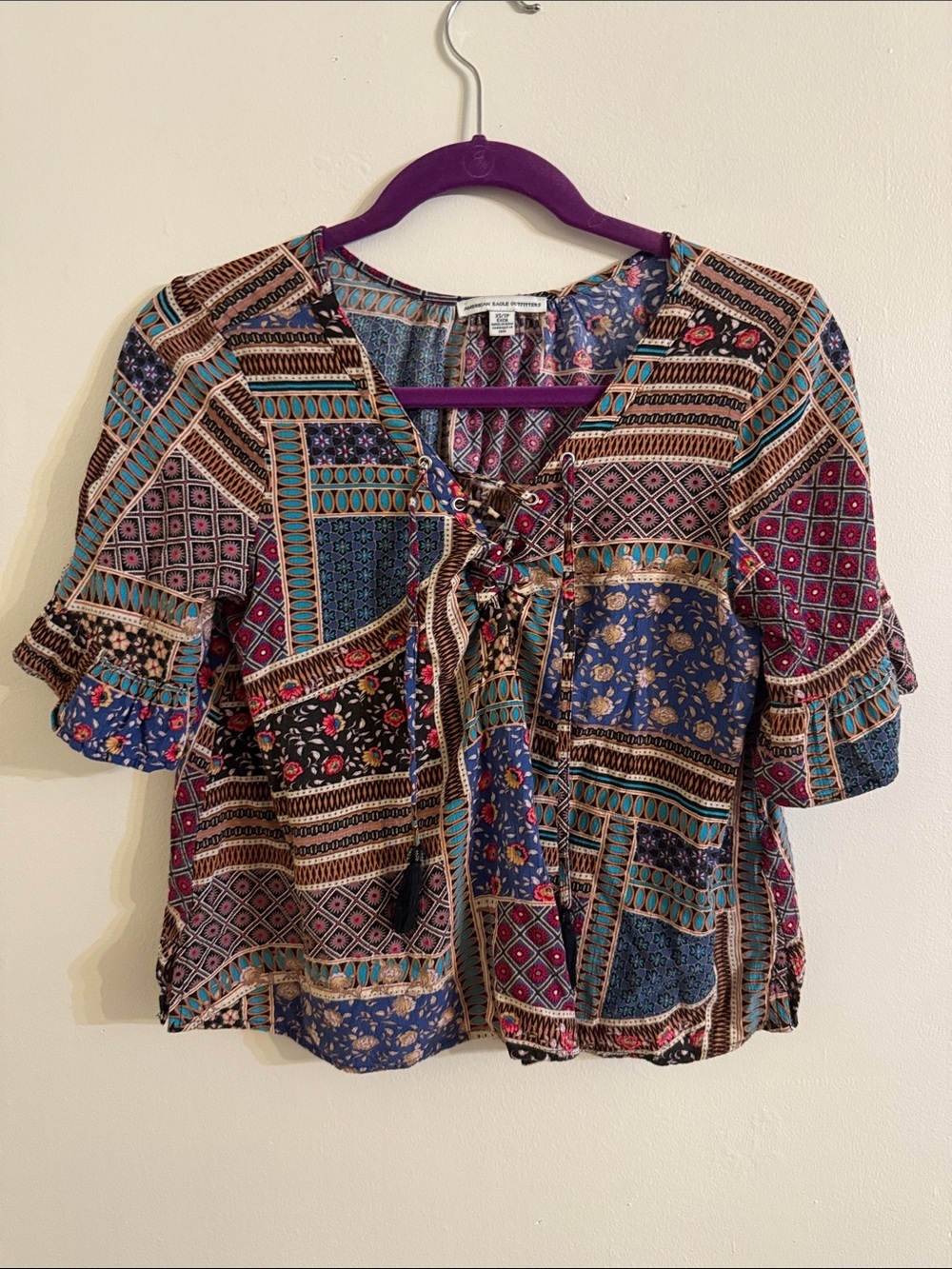 NWOT - American Eagle Outfitters Multicolor Patchwork Lace-Up Peasant Blouse XS